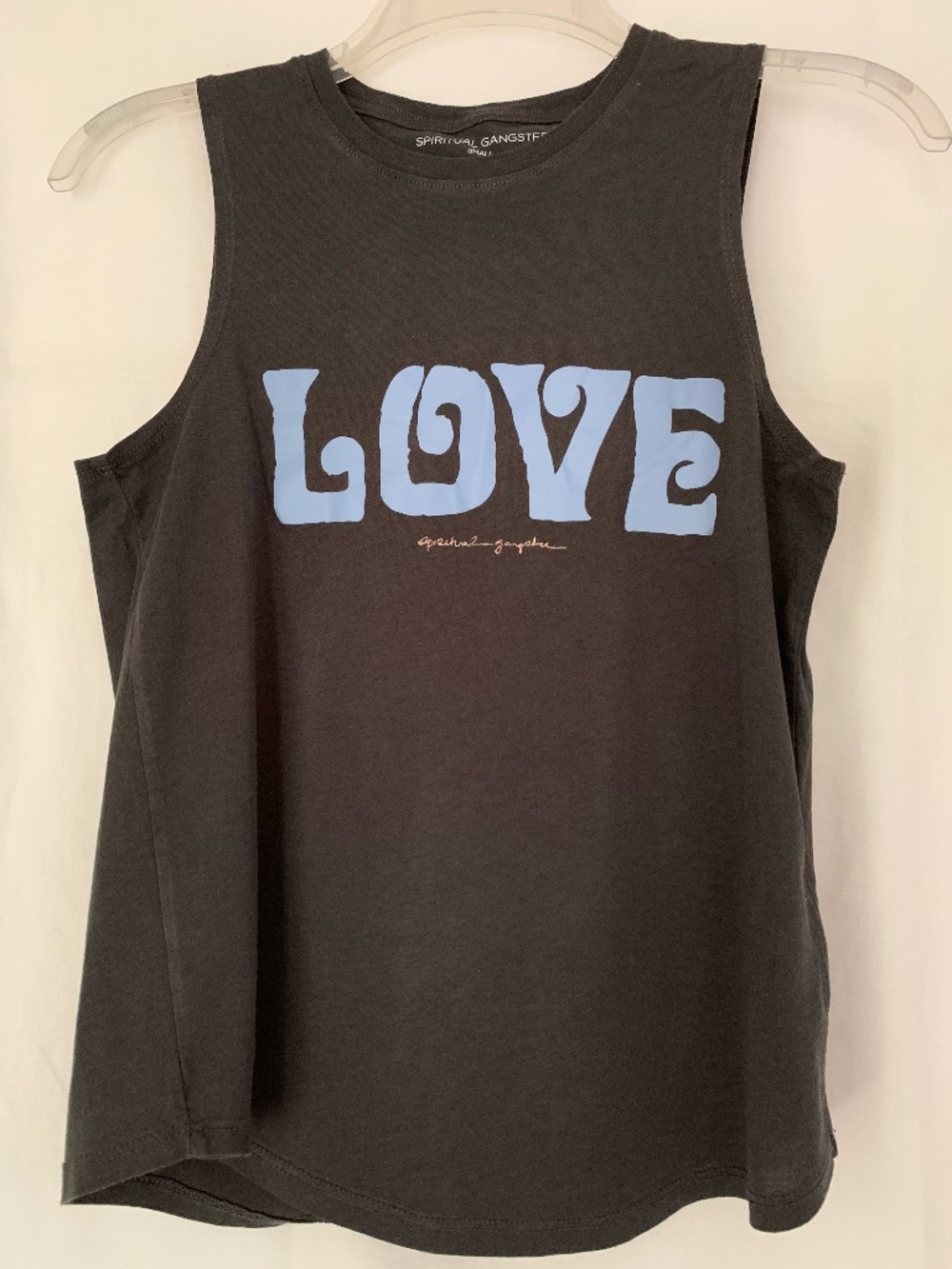 Spiritual Gangster charcoal gray tank featuring a light blue 'LOVE' graphic